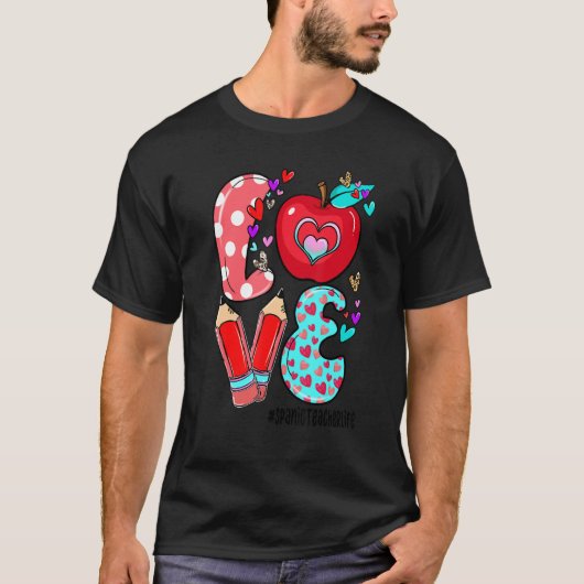 T-shirt LOVE Spanic Teacher Life Leopard Heart Valentine's (Devant)