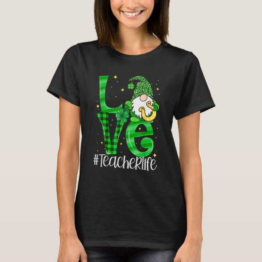T-shirt LOVE Teacher Life Gnome Leopard Shamrock St Patric (Devant)