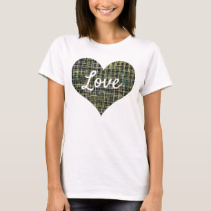 T-shirt Love Texte forme coeur jaune Ligne de grille bleue