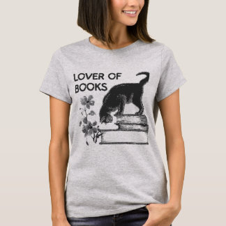 T-shirt Lover of Books – Vintage Cat and Floral Bookworm 