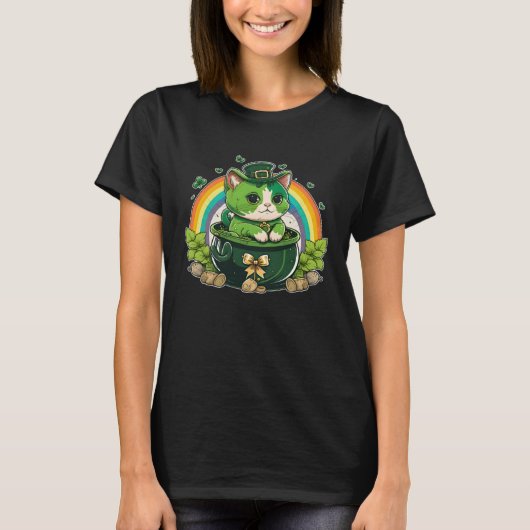 T-shirt Lucky Cat and Pot Rainbow Shamrock St Patrick s Da (Devant)
