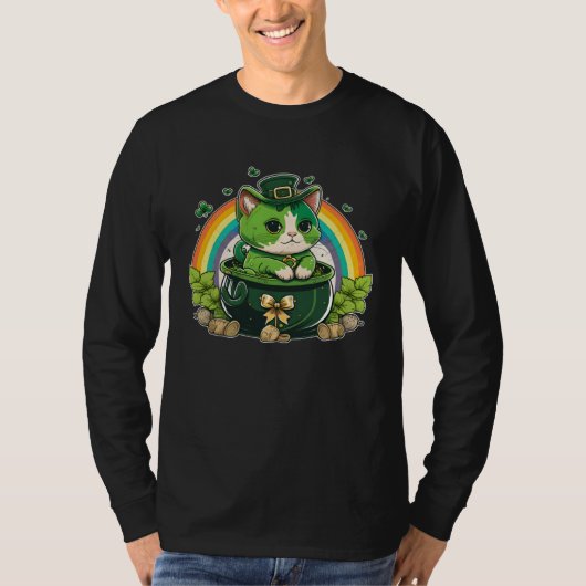 T-shirt Lucky Cat and Pot Rainbow Shamrock St Patrick s Da (Devant)