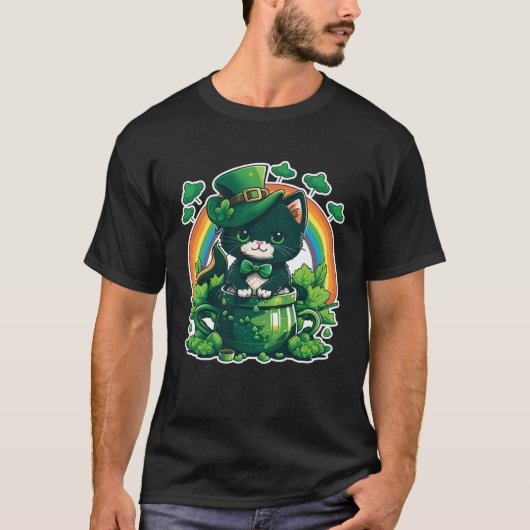 T-shirt Lucky Cat and Pot Rainbow Shamrock St Patrick s Da (Devant)