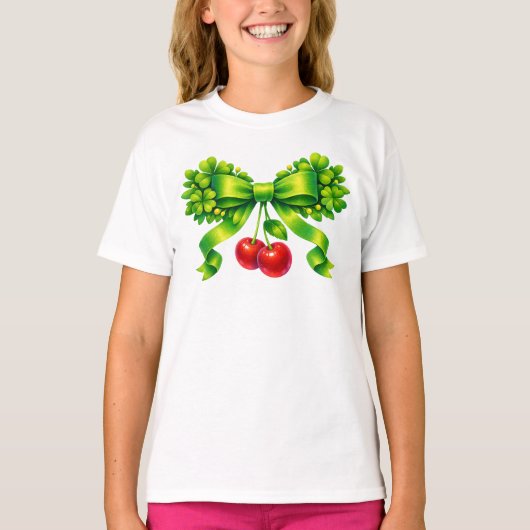 T-shirt Lucky Clover Bow with Cherries Green Design (Devant)