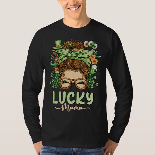 T-shirt Lucky Mama St Patricks Day 2023 Mom Messy Bun Iris (Devant)