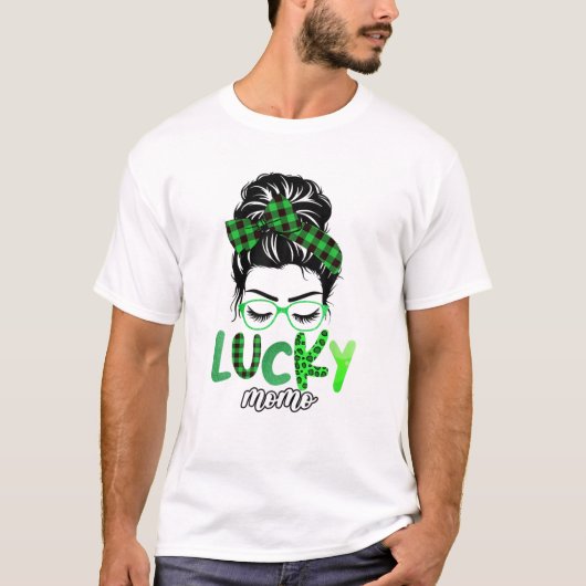 T-shirt Lucky Momo Leopard Plaid Messy Bun Irish St Patron (Devant)