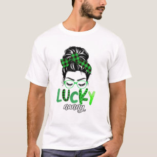 T-shirt Lucky Nanny Leopard Plaid Messy Bun Irish St Patri