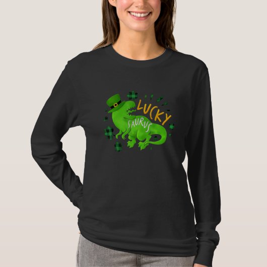 T-shirt Lucky Saurus Shamrock Buffalo Plaid Dinosaur St Pa (Devant)