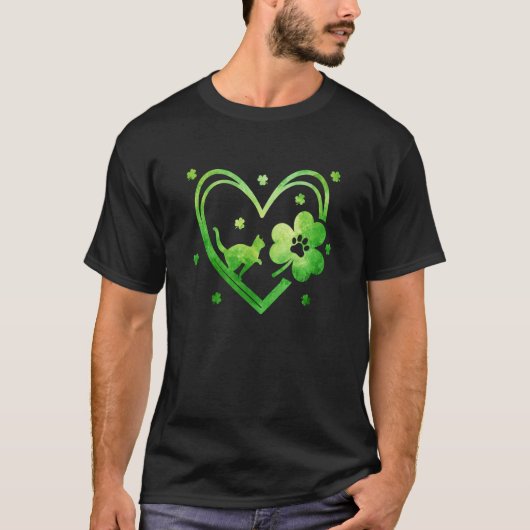 T-shirt Lucky Shamrock Heart Cat Paw Print For St Paddy's (Devant)
