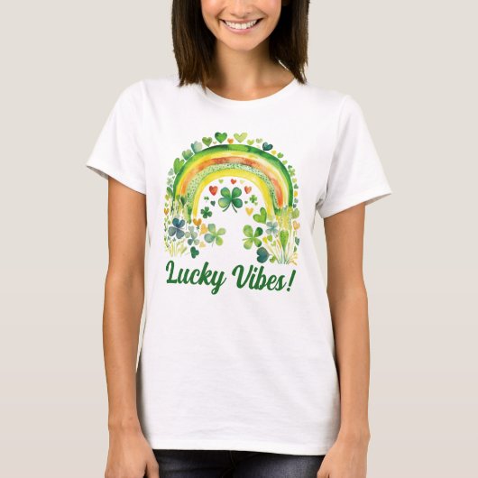 T-shirt "Lucky Vibes" Aquarelle Vert arc-en-ciel Shamrocks (Devant)