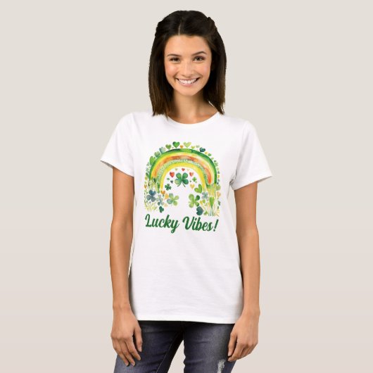T-shirt "Lucky Vibes" Aquarelle Vert arc-en-ciel Shamrocks (Devant entier)
