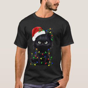 T-shirt Lumière de Noël Chat Noir Rétro Drôle Chat Hommes