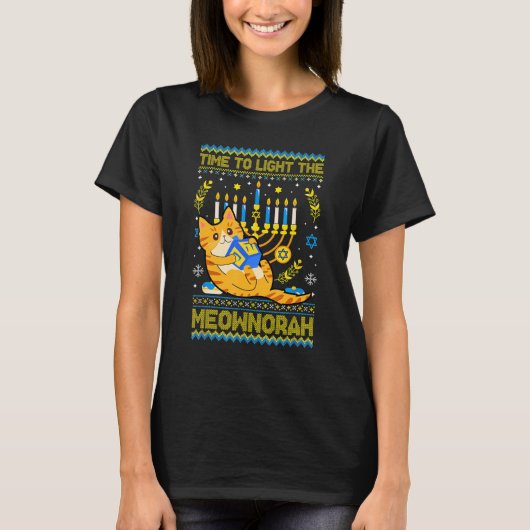 T-shirt Lumière Meownorah Chat Juif Menorah Ugly Chanu (Devant)