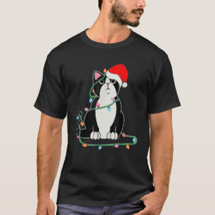 T-shirt Lumières de Noël de chat smoking Chat Chapeau de