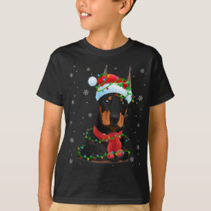 T-shirt Lumières de Noël Doberman Chien Santa Hat Écart