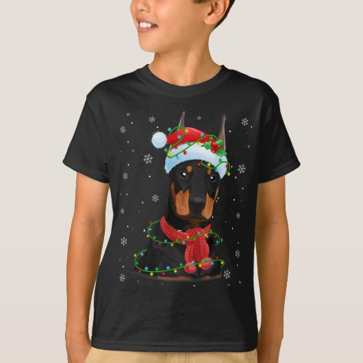 T-shirt Lumières de Noël Doberman Chien Santa Hat Écart (Devant)