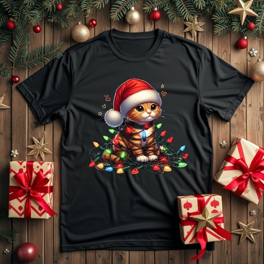 T-shirt lumières de Noël du chat mignon
