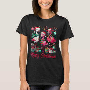 T-shirt Lumières de Noël Flamant Chapeau de Père Noël Neig