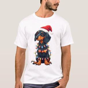 T-shirt Lumières de Noël Teckel Chapeau de Père Noël Noël 