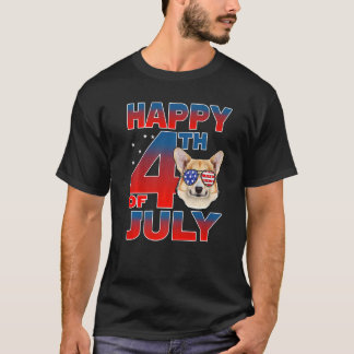 T-shirt Lunettes de drapeau américain de chien Corgi Happy