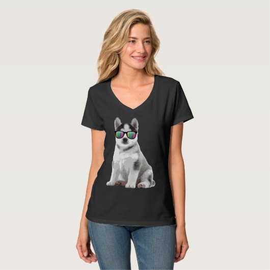 T-shirt Lunettes de soleil Husky Chiens Animaux (Devant entier)