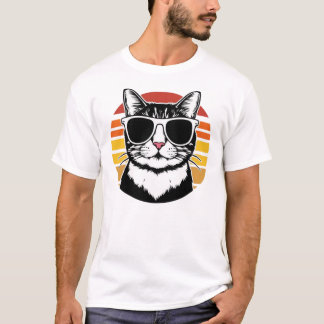 T-shirt Lunettes de soleil Papa Chat Coucher de soleil Rét