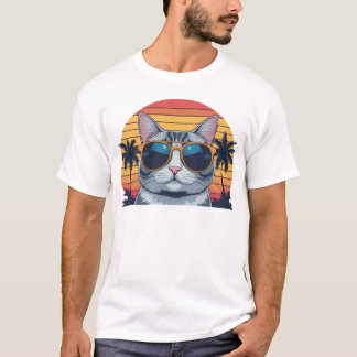 T-shirt Lunettes de soleil Papa Chat Coucher de soleil Rét