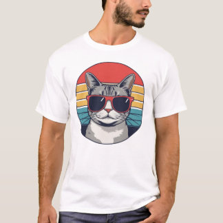T-shirt Lunettes de soleil Papa Chat Coucher de soleil Rét