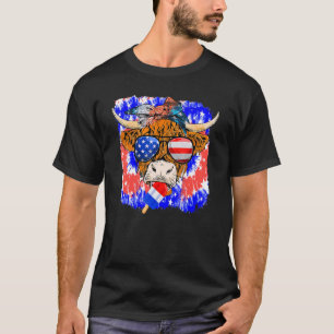 T-shirt Lunettes De Vache De Highland Cow Us Drapeau Glace