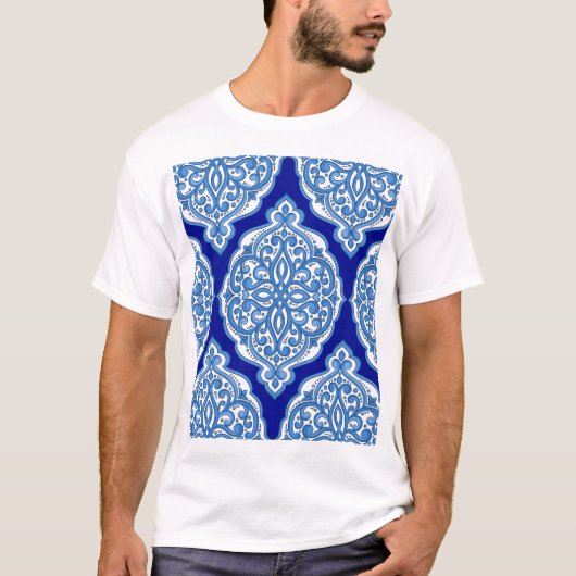 T-shirt Luxe blanc-bleu, ornement turc. (Devant)