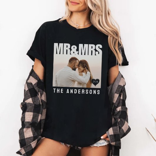 T-shirt M. & Mme Photo Block Nom de l'anniversaire du coeu