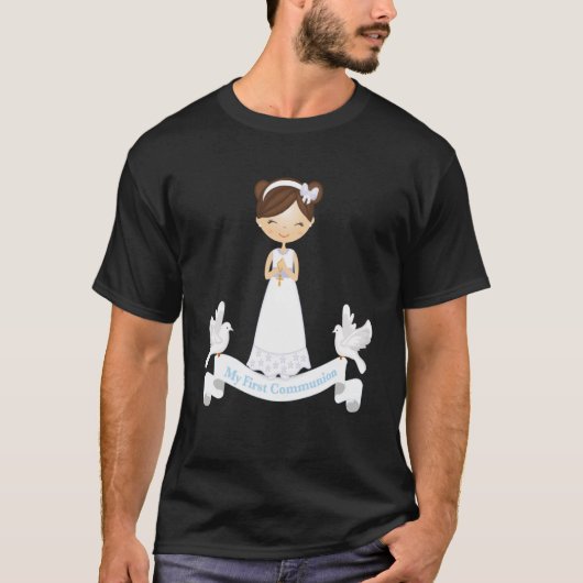 T-shirt Ma première communion Rosaire Brunette Fille Enfan (Devant)