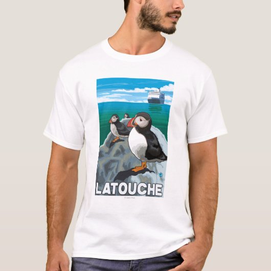 T-shirt Macareux et bateau de croisière - Latouche, Alaska (Devant)