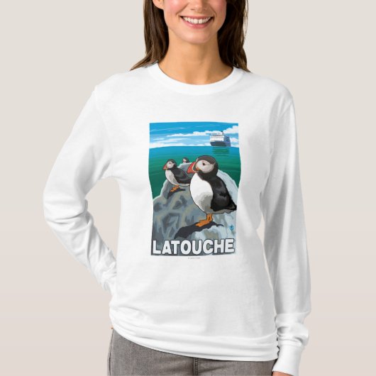T-shirt Macareux et bateau de croisière - Latouche, Alaska (Devant)
