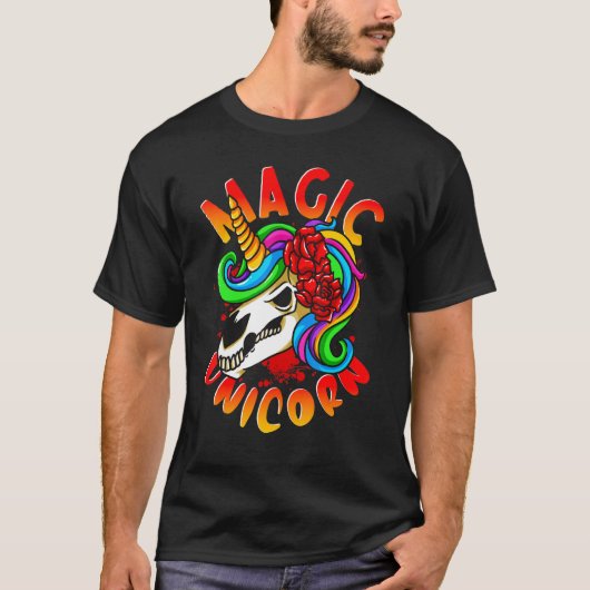 T-shirt Magic Unicorn Rock'n'roll Rose Rainbow (Devant)