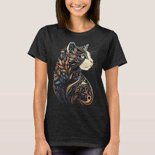 T-shirt Magnifique motif floral de chat bleu et beige marr