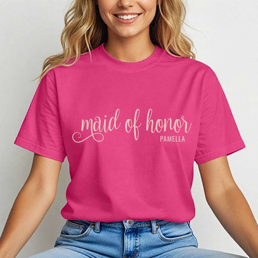 T-shirt Maid of Honor Calligraphy Hot Pink Bach