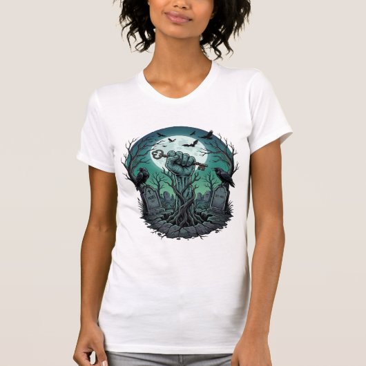 T-shirt Main de zombie squelette clé tombeau corbeaux Hal (Devant)