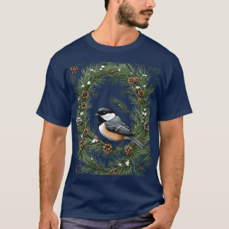 T-shirt Maine Black Capped Chickadee With Pine Pattern