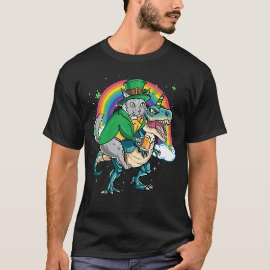 T-shirt Maine Coon Beer Dino Rex Horn Rainbow Cat (Devant)