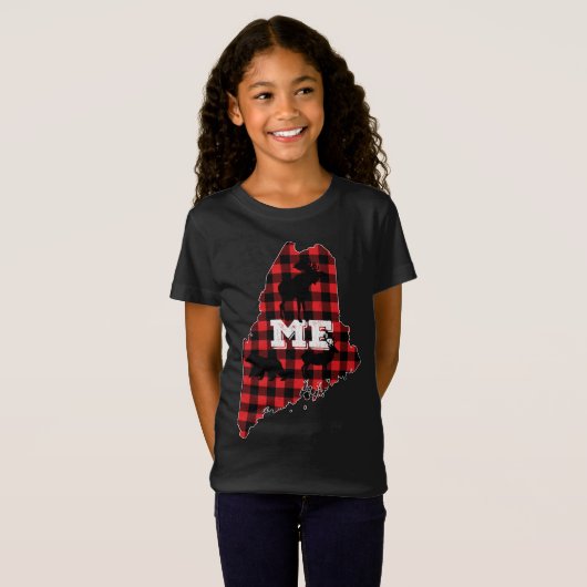 T-Shirt Maine ME État Rouge Plaid Remplissage Moose Chasse (Devant entier)