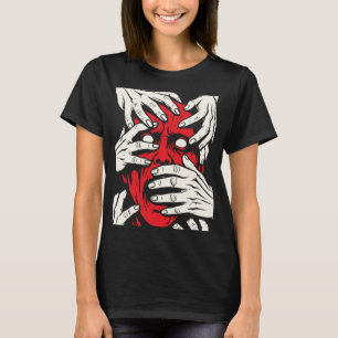 T-shirt Mains Couvrant le Visage Horreur Art Démon Rouge