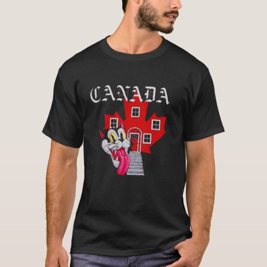 T-SHIRT MAISON À FEUILLE D'ÉRABLE ROUGE AVEC CHAT (Devant)