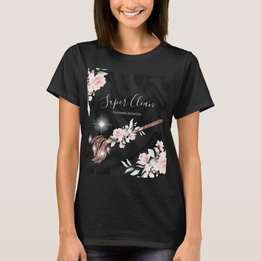 T-shirt Maison de ménage rose étincelante d'or fleuri Squ (Devant)