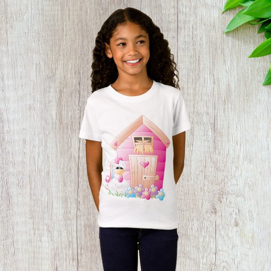 T-Shirt Maison de poulets et de poules roses avec fleurs