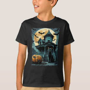 T-shirt Maison d'Halloween éffrayante avec chat noir
