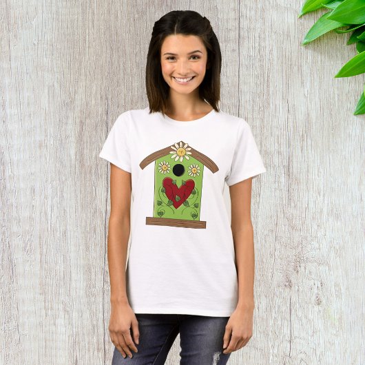 T-shirt Maison d'oiseaux verte avec coeur et marguerites