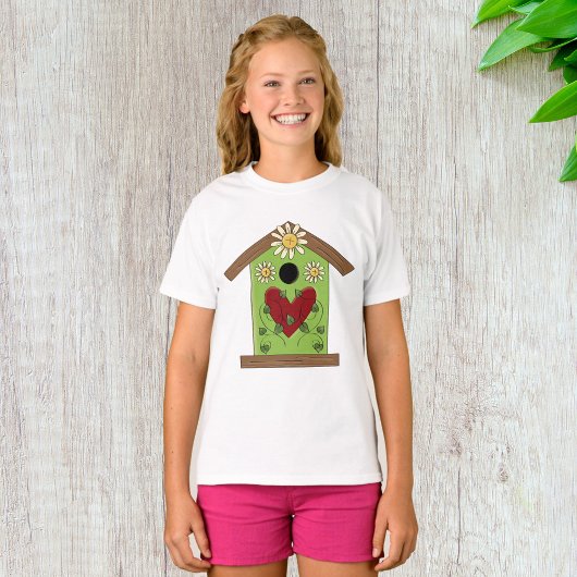 T-shirt Maison d'oiseaux verte avec coeur et marguerites