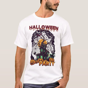 T-shirt Maison Hantée Arbre Citrouilles Noir Fête Hallowee
