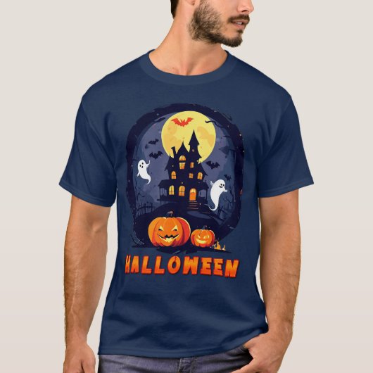 T-shirt Maison hantée avec Citrouilles, fantômes et Pleine (Devant)